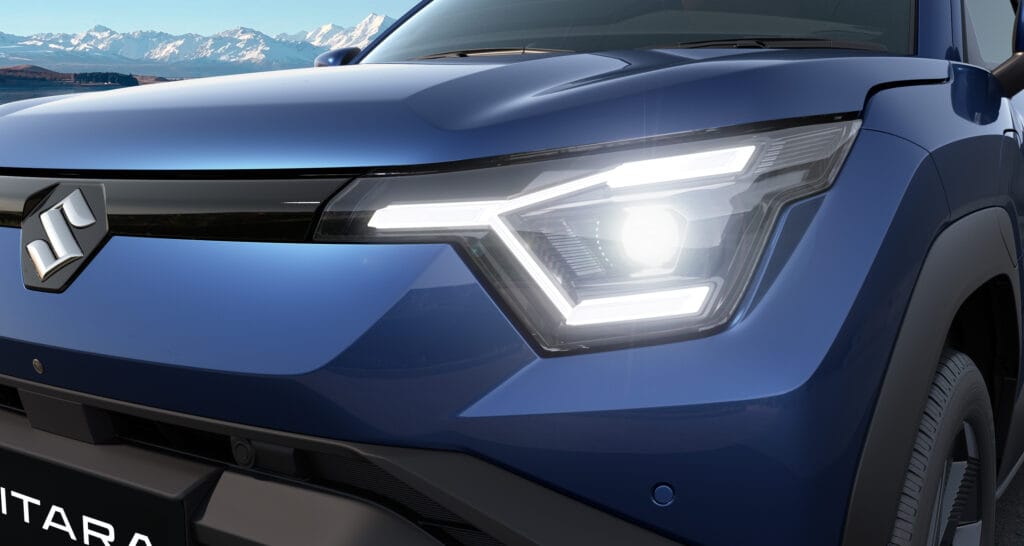Maruti Suzuki e VITARA official LED projector headlamp design with signature NEXA crystal DRLs