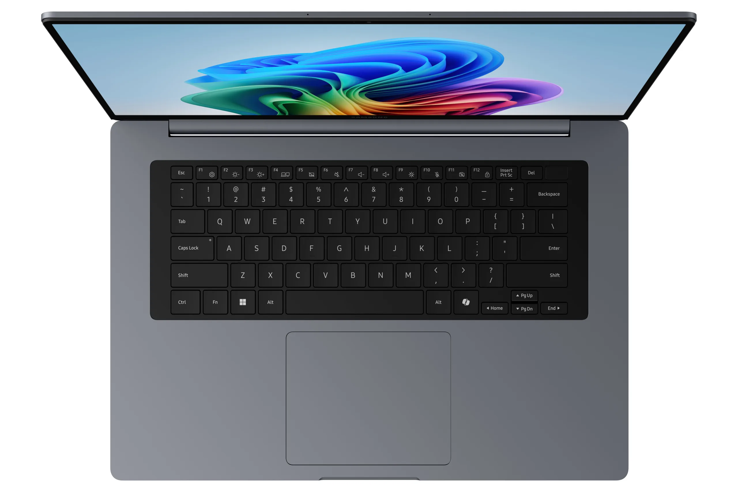 Top-down view of open Galaxy Book6 showing the full-size backlit keyboard and large haptic trackpad.