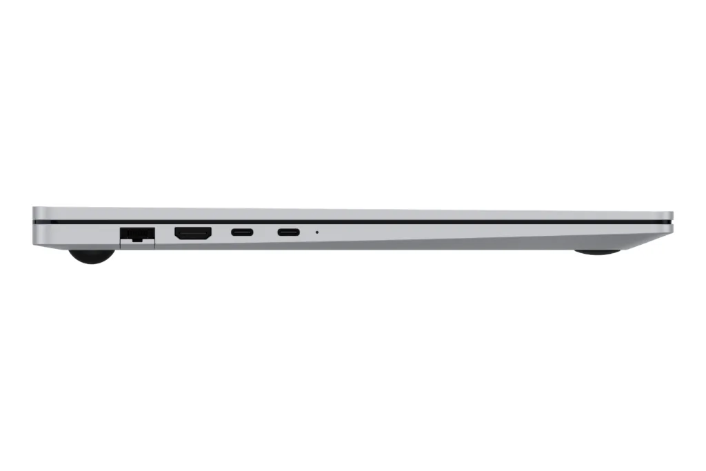 Side view of Galaxy Book6 showing the RJ45 Ethernet port, HDMI, and USB-C connectivity on the Silver model.