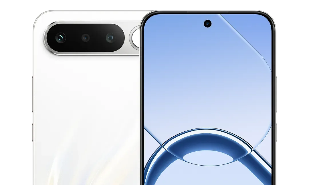 Realme 16 5G in Air White showing camera bar and selfie mirror design