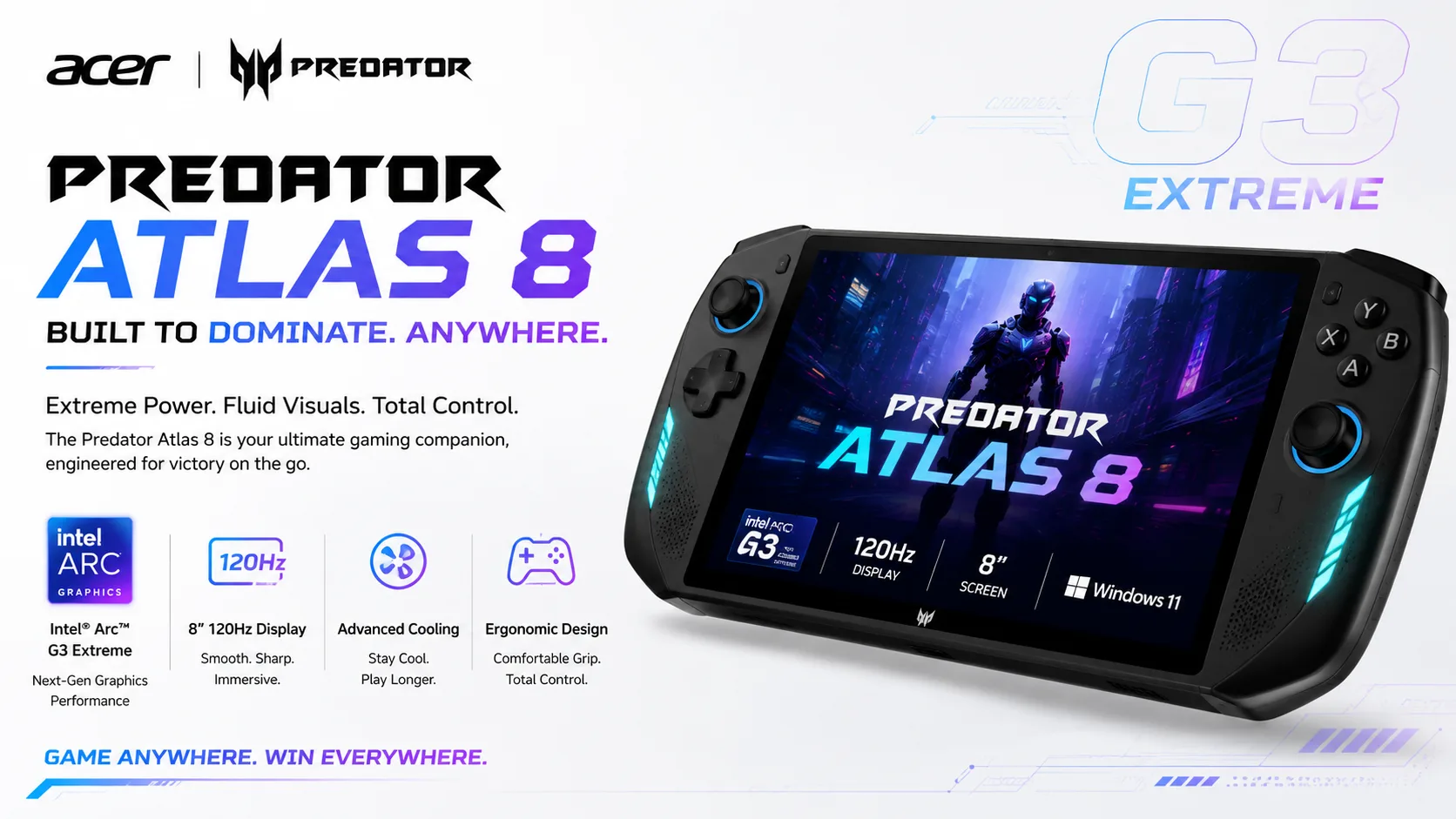Acer Predator Atlas 8 handheld gaming console with Intel Arc graphics