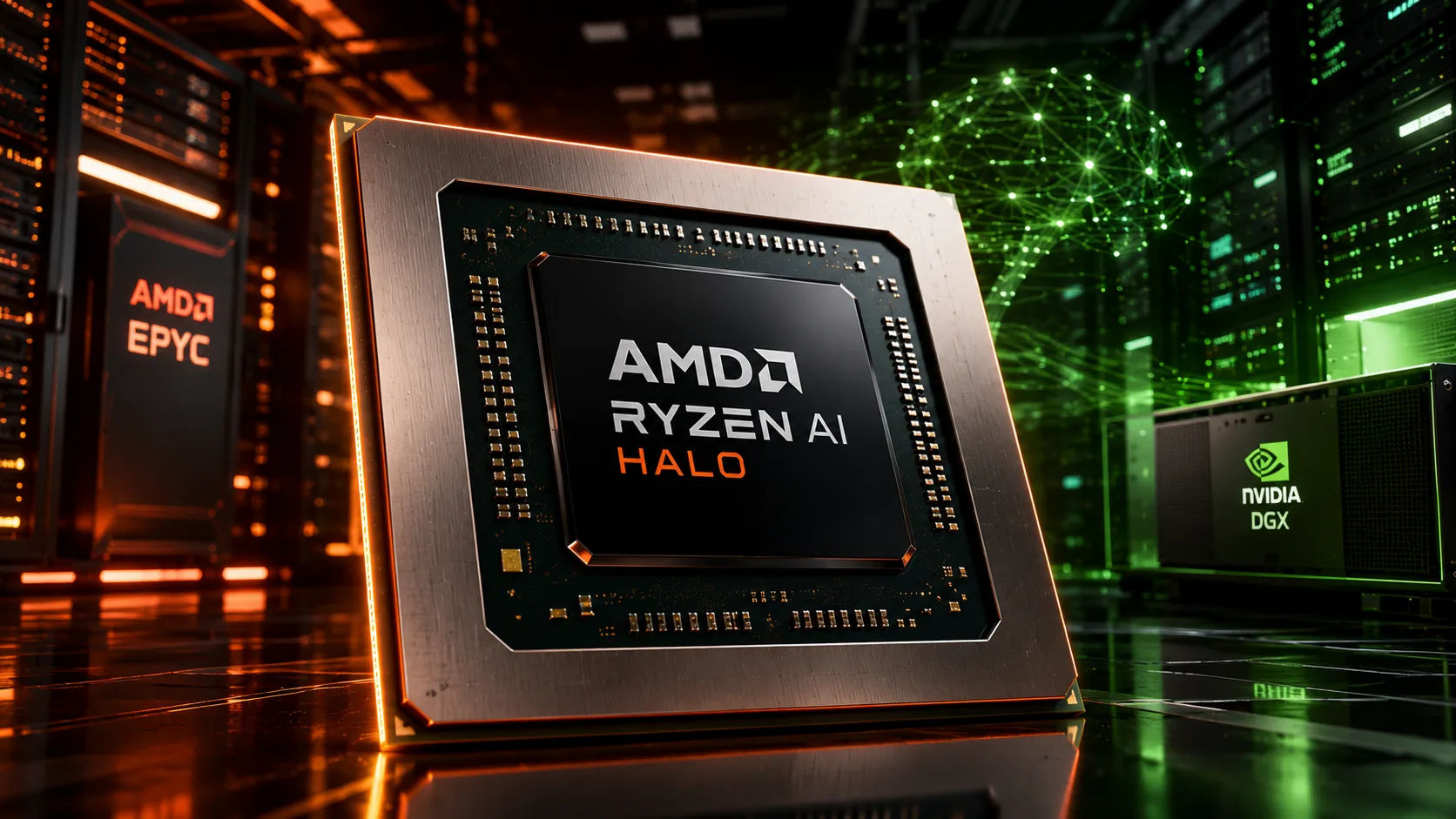AMD Ryzen AI Halo Developer Platform AI workstation next to Nvidia DGX Spark
