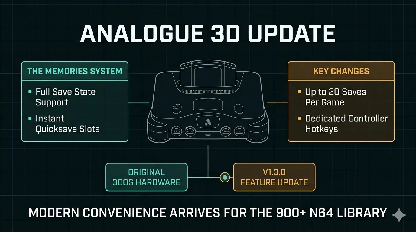 Analogue 3D firmware update adds Memories save-state quicksave feature for N64 remake console