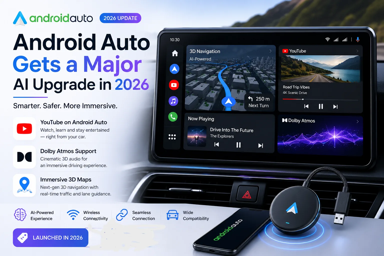 Android Auto 2026 update brings YouTube video, Dolby Atmos audio, and immersive 3D Maps