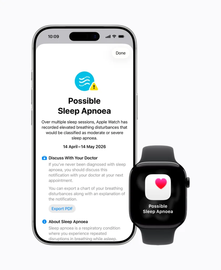 Apple Health app showing sleep apnea trends and breathing disturbance reports