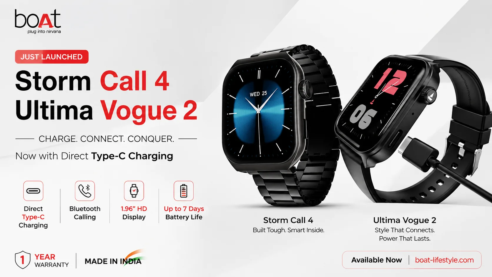 Boat Storm Call 4 and Ultima Vogue 2 smartwatches with Type-C charging