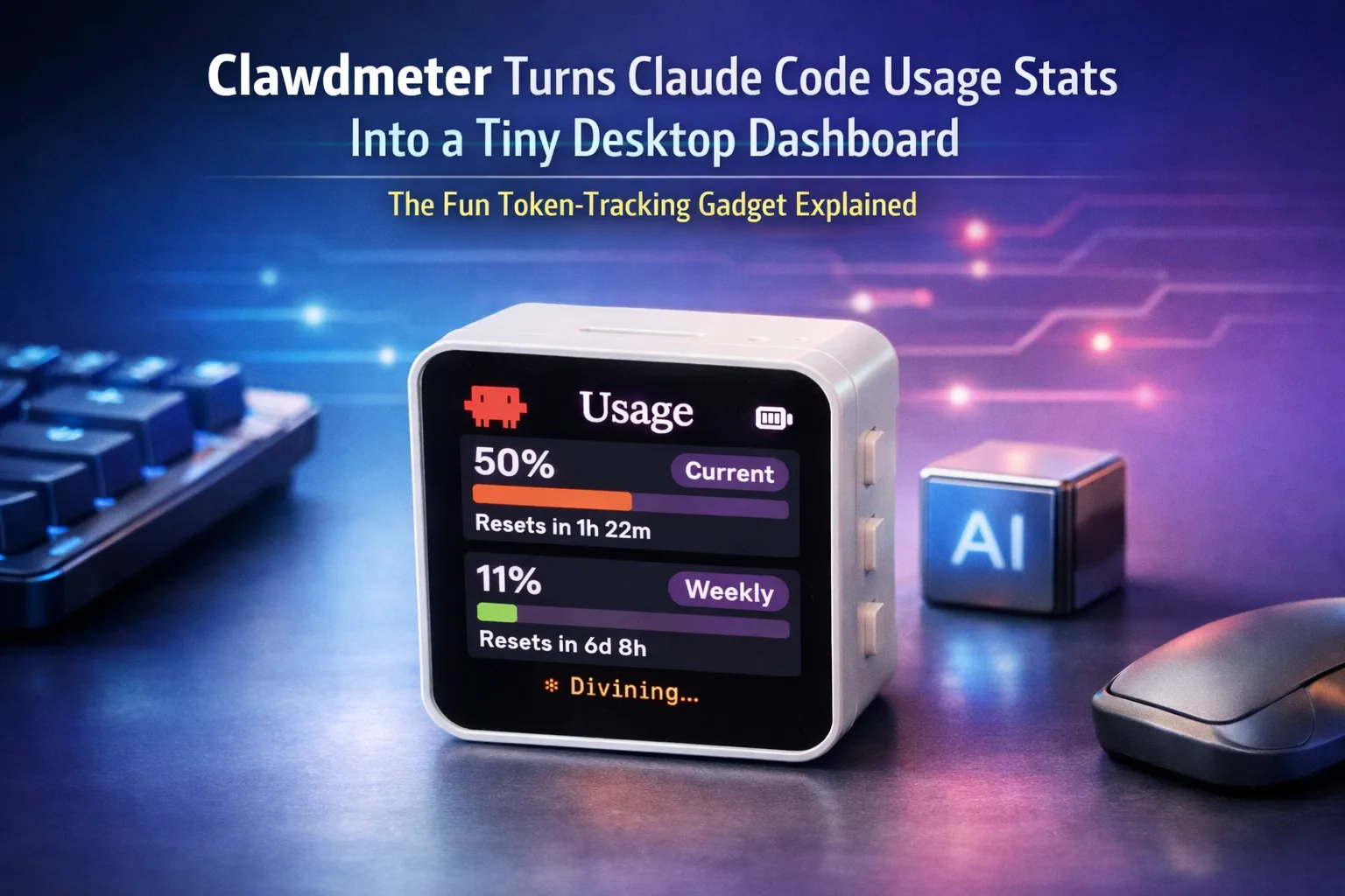 Clawdmeter device shows Claude Code usage stats with pixel art dashboard and token tracking