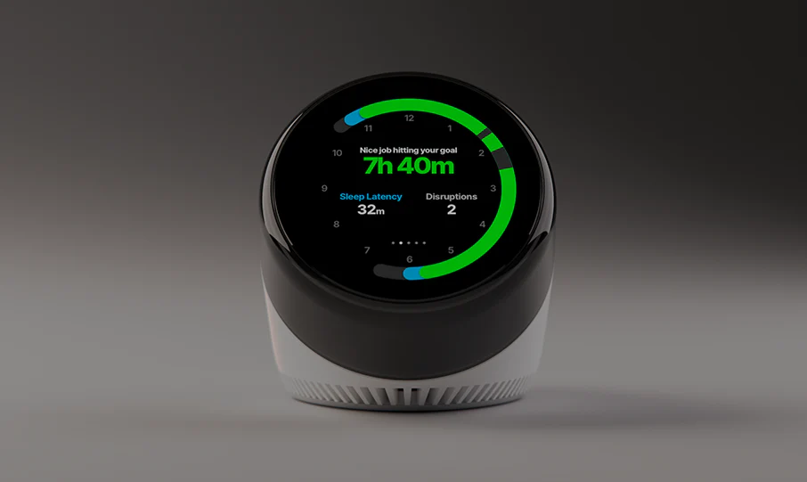 Dreamie alarm clock showing ambient fireplace sleep lighting mode