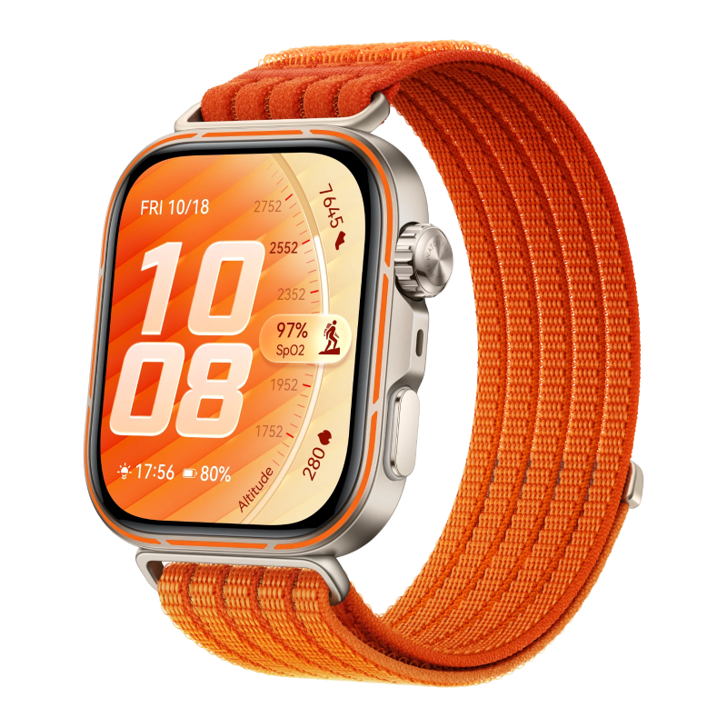 Huawei Watch Fit 5 Pro available in orange white and black colors with premium rectangular design