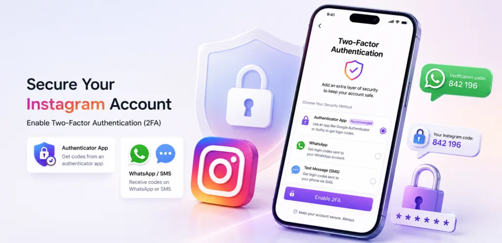 Instagram two-factor authentication - settings and activity menu showing Accounts Center option