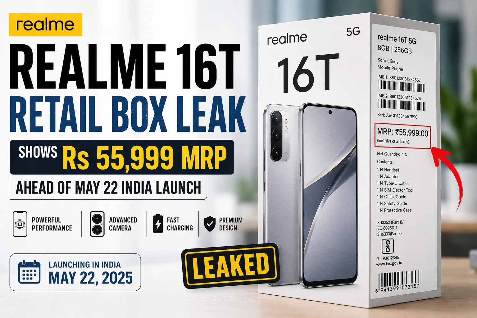 Realme 16T retail box leak reveals Rs 55,999 MRP ahead of May 22 India launch
