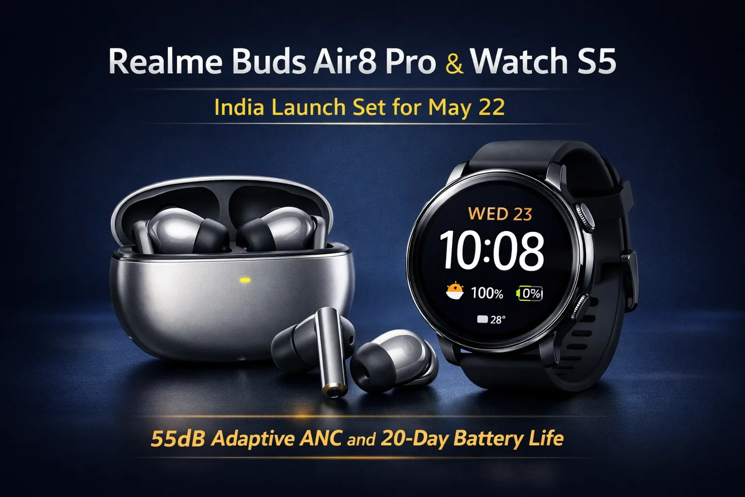 Realme Buds Air8 Pro and Realme Watch S5 launching in India on May 22 alongside Realme 16T