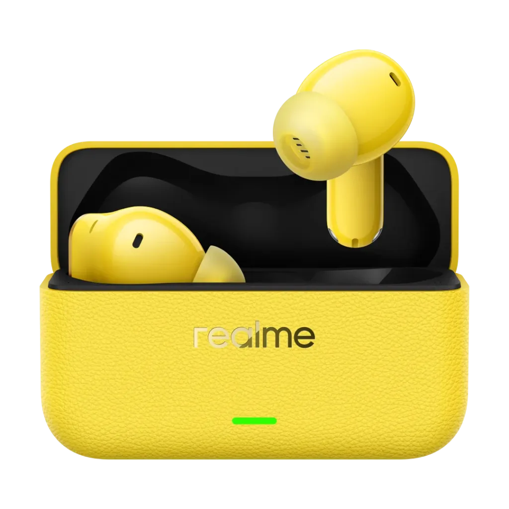 Realme Buds T500 Pro charging case design with Lemon Cola Chocolate and Orange Mint color options