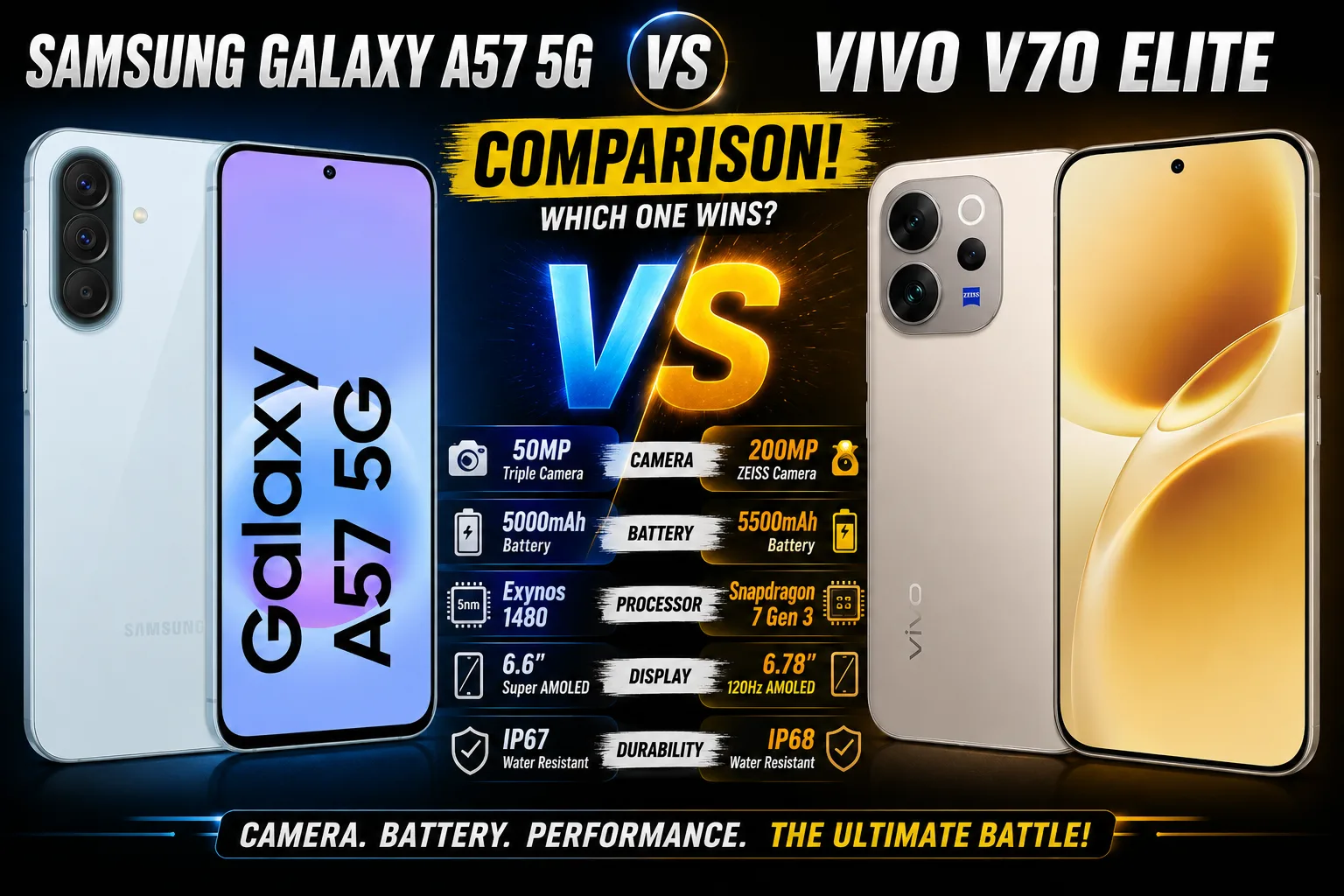 Samsung Galaxy A57 5G vs vivo V70 Elite front and back comparison