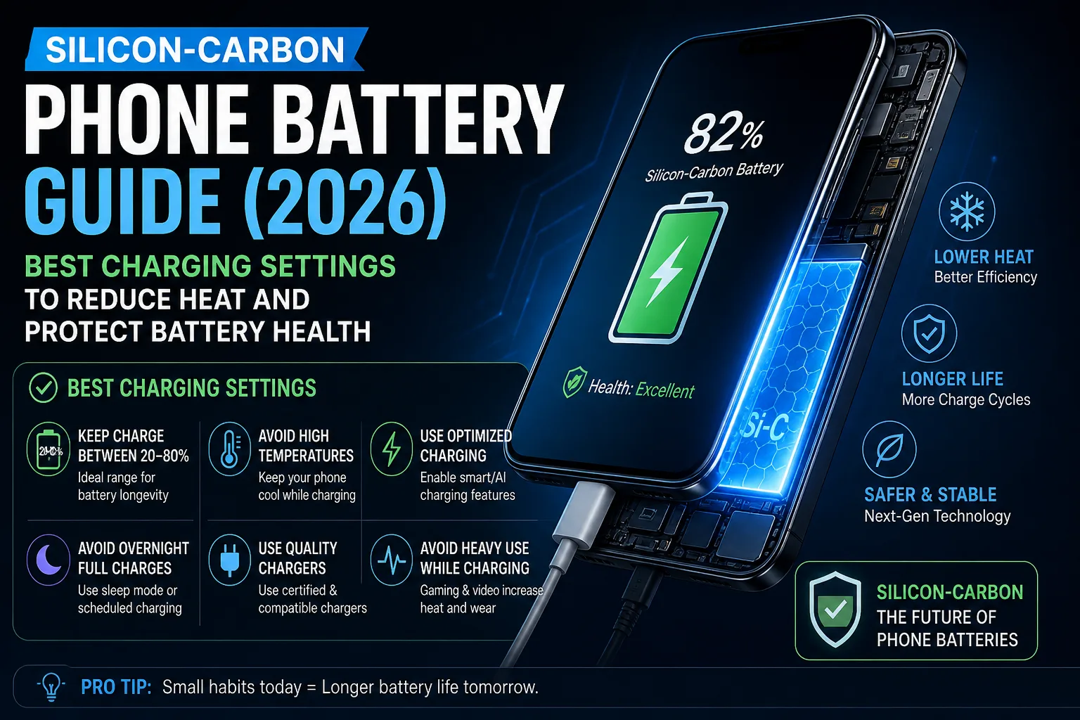Silicon carbon battery charging guide showing best settings to reduce heat and protect phone battery health (2026)