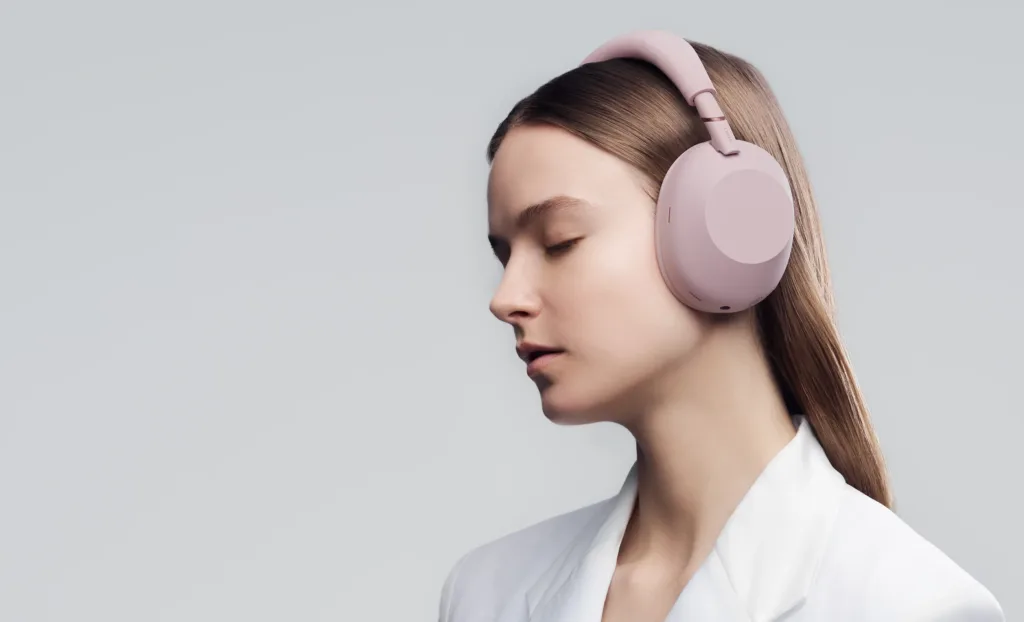 Close-up of Sony 1000X The Collexion headband showing leather padding and metal sliders