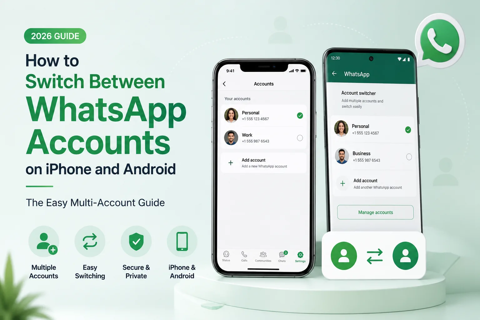 WhatsApp settings on iPhone showing account switch option near profile name