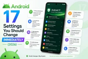 Android 17 settings screen showing privacy, battery and security options