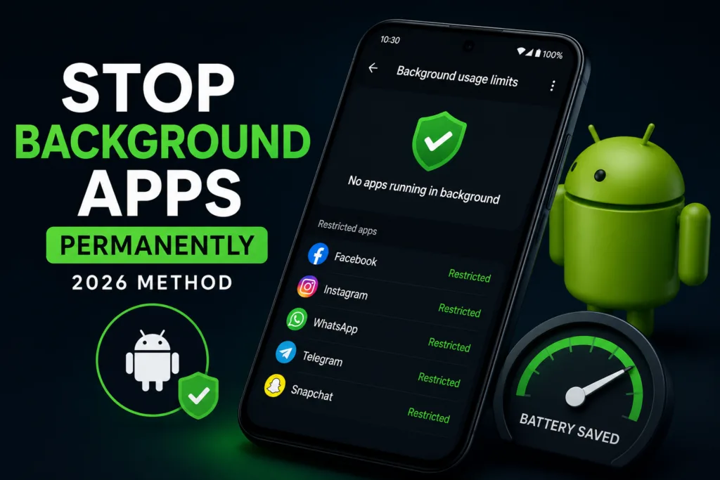 Android settings screen showing background apps restriction and battery optimization options