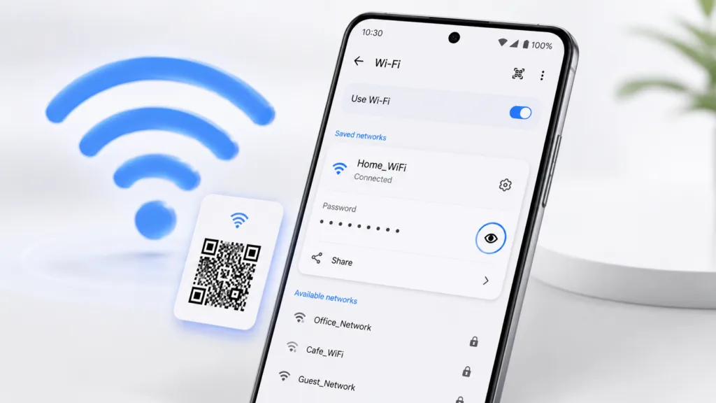 Android Wi-Fi settings page displaying Share Wi-Fi option