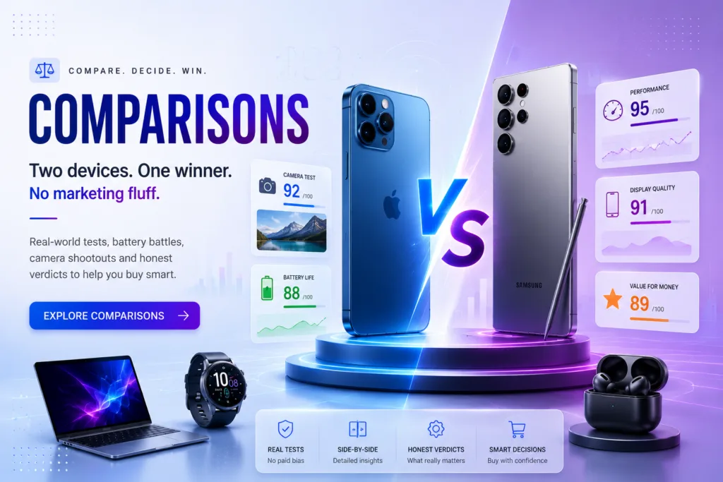 Smartphone, laptop and gadget comparisons with side-by-side tests and verdicts