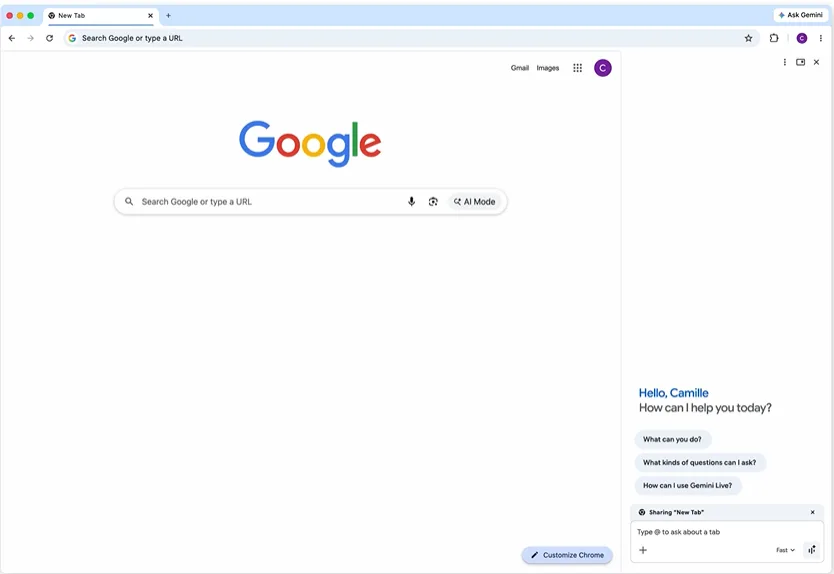 Gemini in Chrome summarizing webpage content across multiple tabs