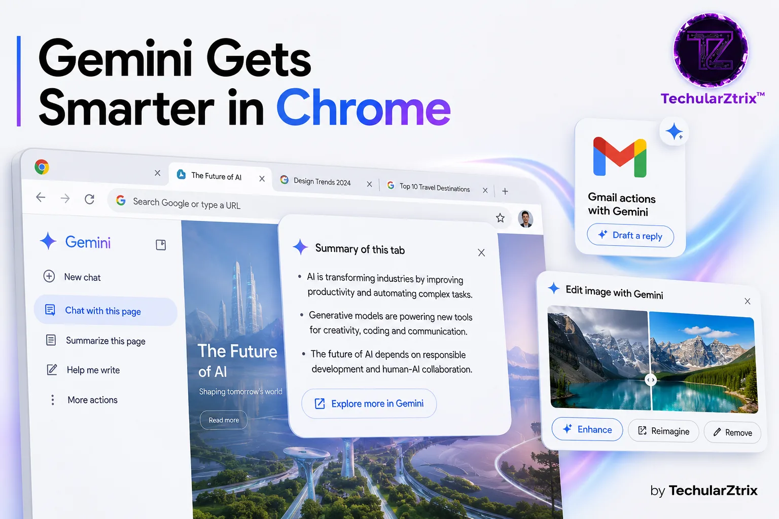 Gemini in Chrome displaying AI tab summaries and Google app integrations