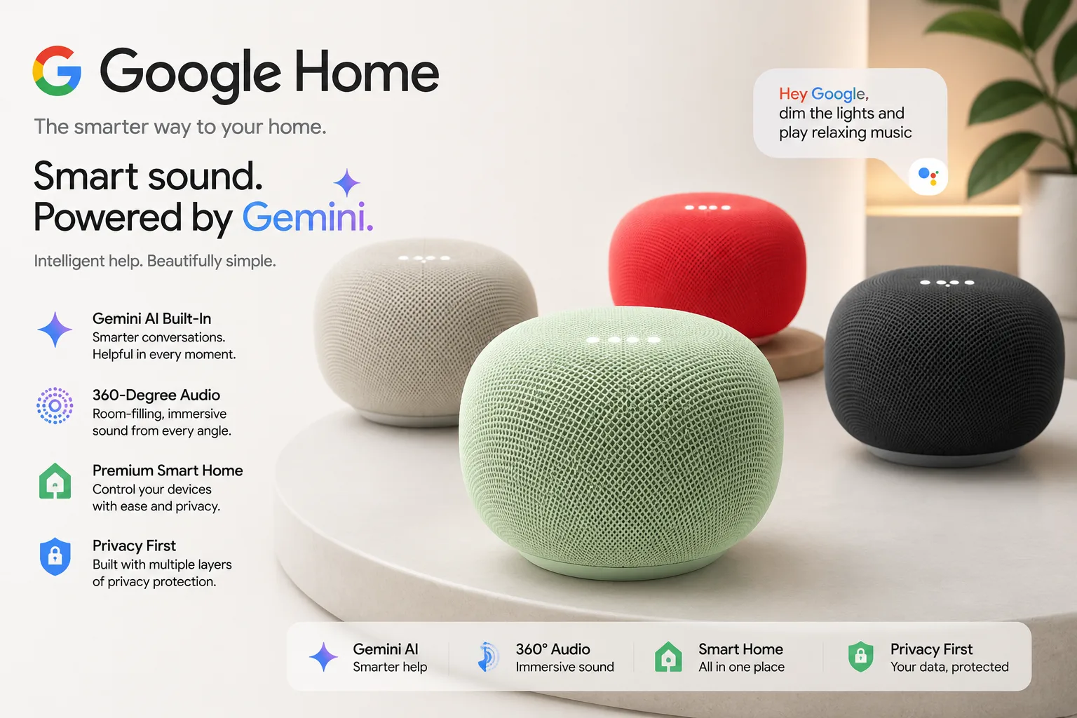 Google Home Speaker with Gemini AI and LED light ring