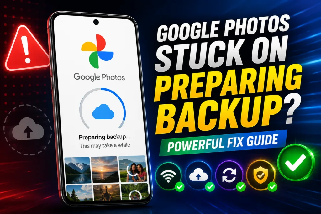 Google Photos stuck on preparing backup screen during photo upload