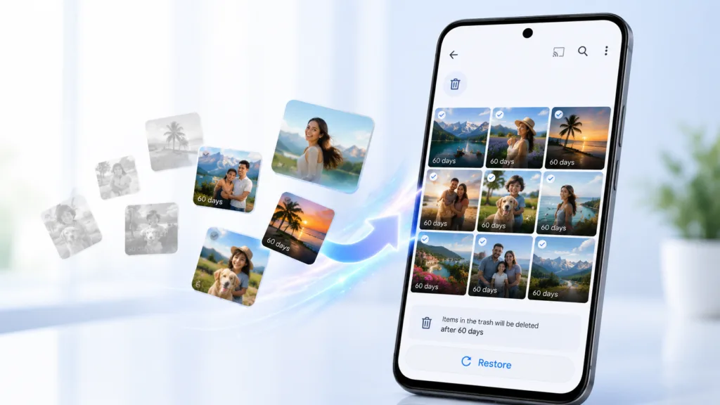 Google Photos Trash section with restore option enabled