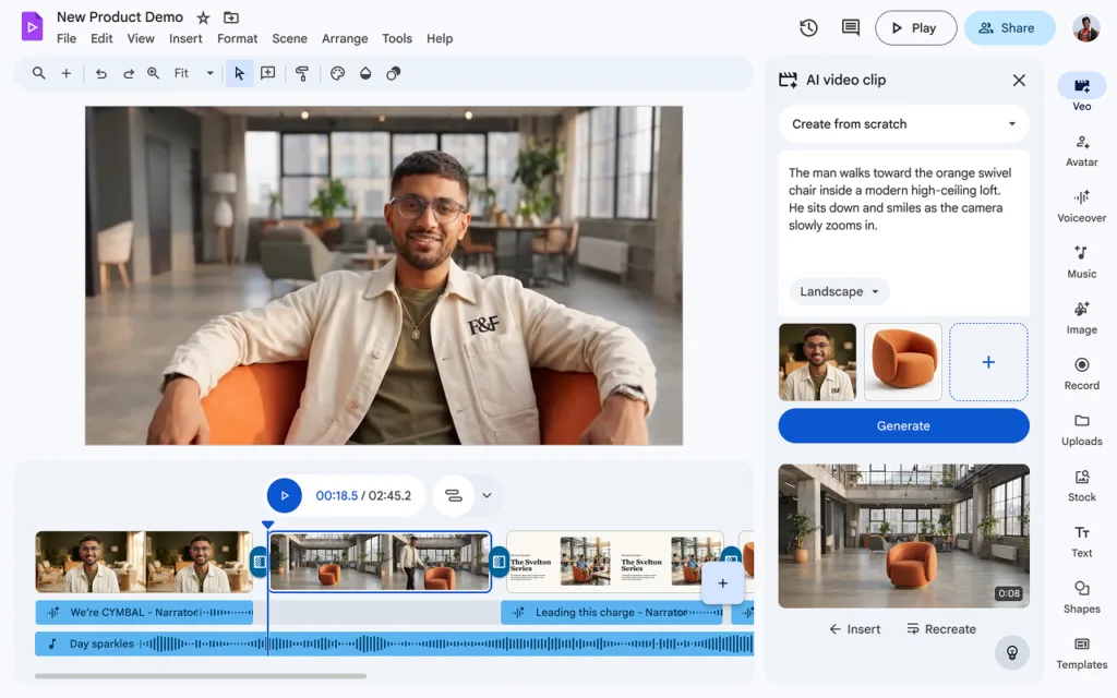 AI avatar presenting a video inside Google Vids