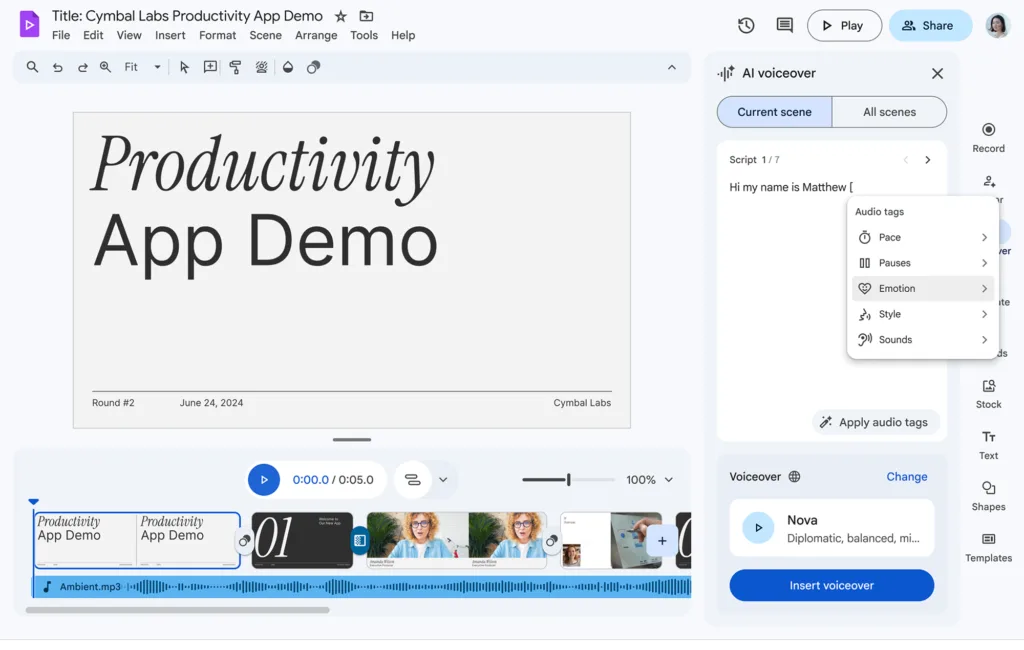 Google Vids AI avatar emotion and voiceover controls
