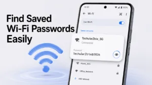 Android phone showing saved Wi-Fi password and QR code sharing screen