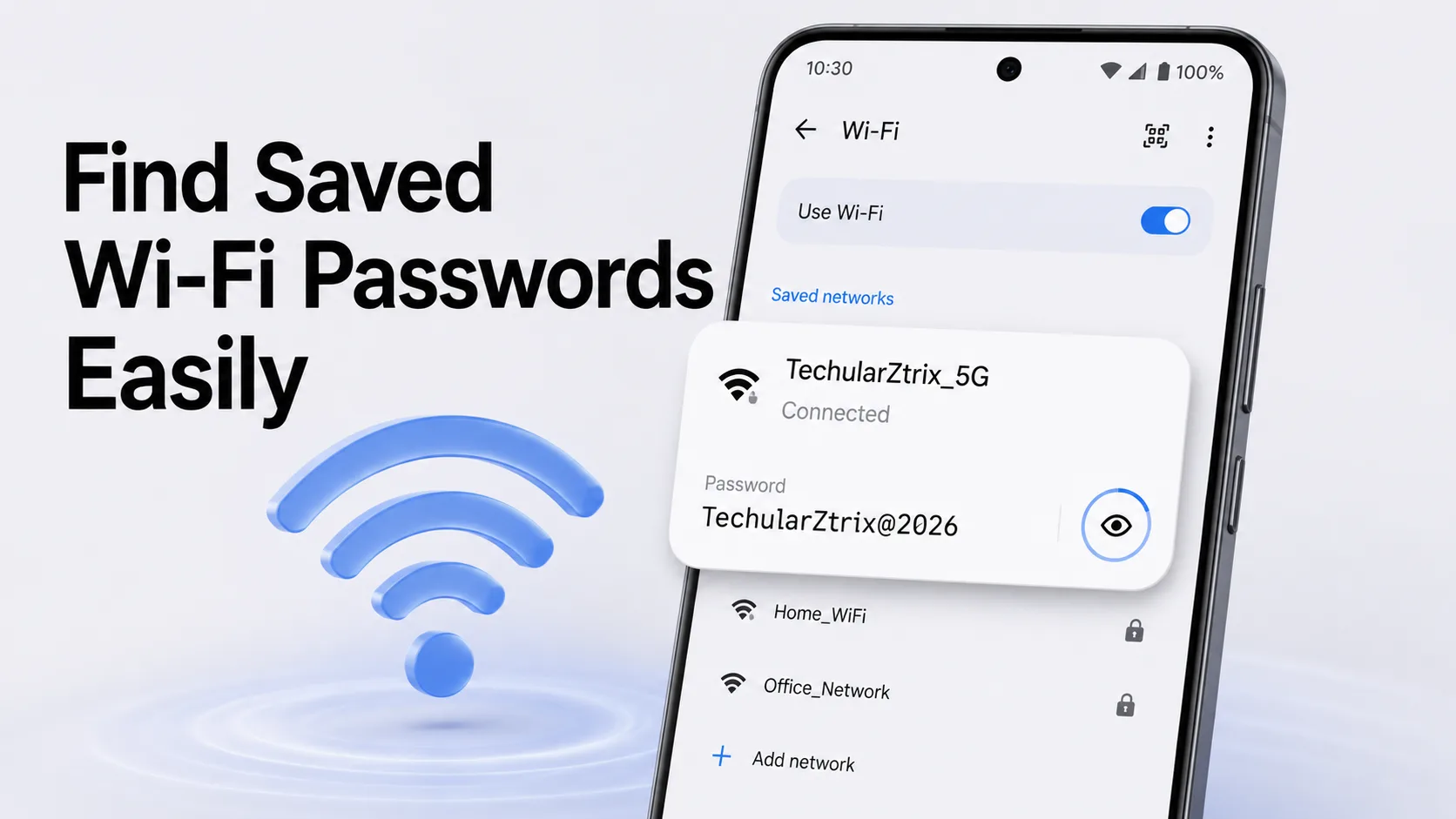 Android phone showing saved Wi-Fi password and QR code sharing screen