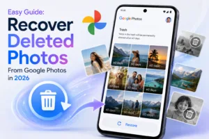 Google Photos Trash folder showing deleted photos ready for recovery