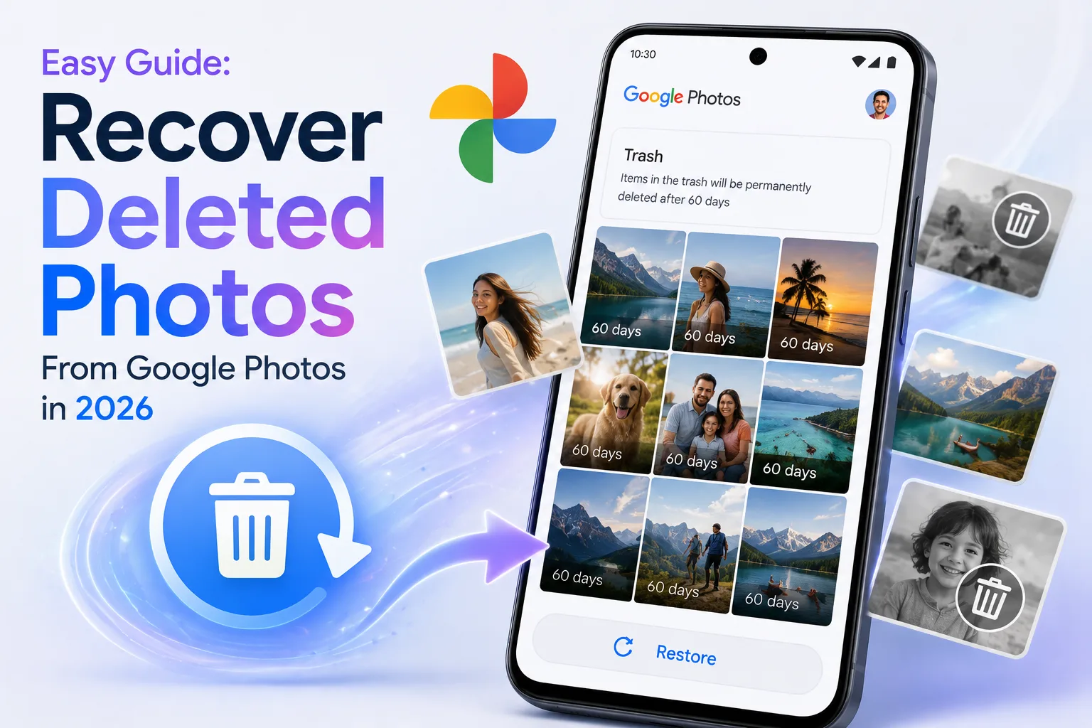 Google Photos Trash folder showing deleted photos ready for recovery