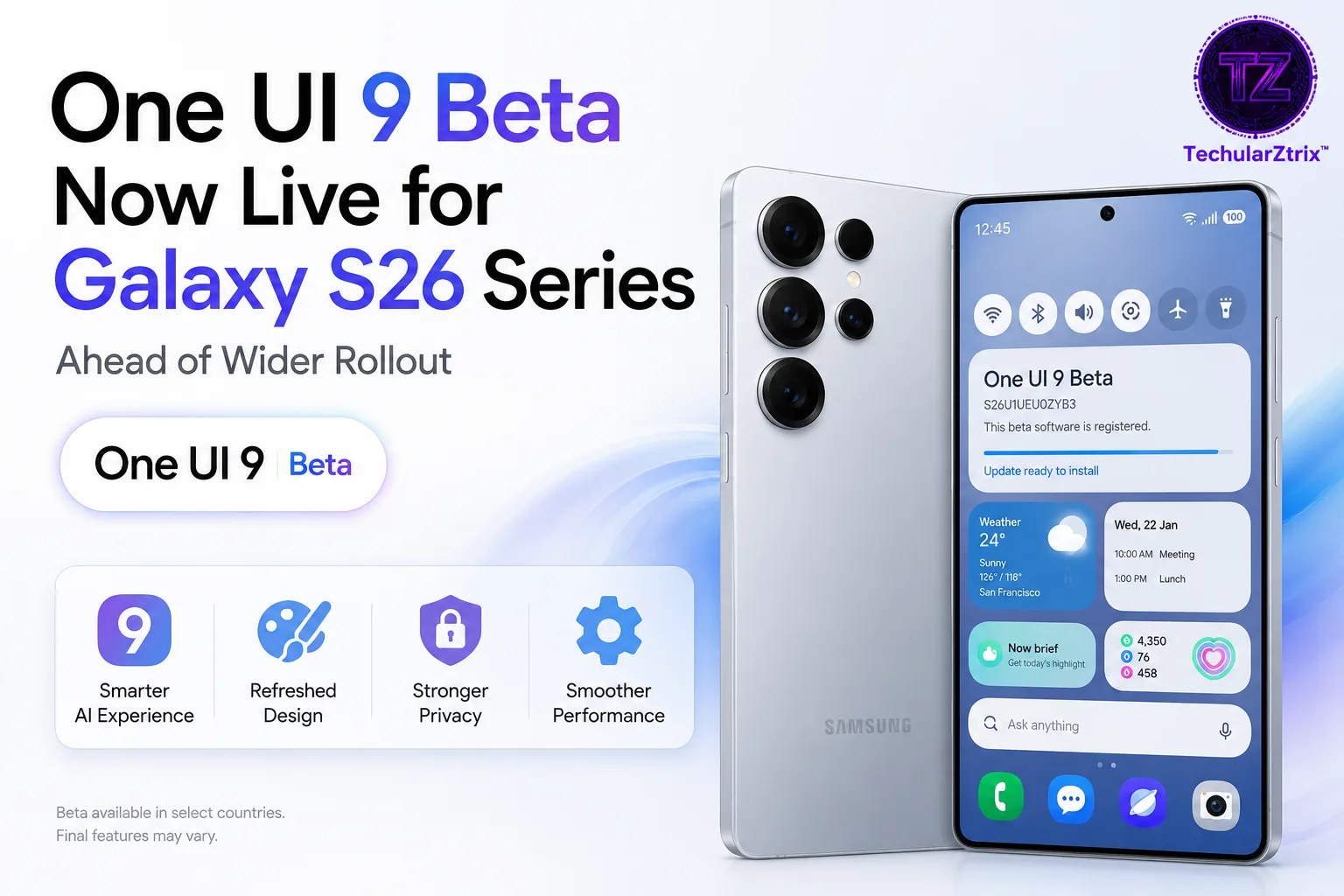 Samsung One UI 9 Beta interface shown on Galaxy S26 series smartphones