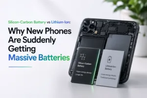 Silicon-carbon battery vs lithium-ion battery comparison diagram showing energy density difference in smartphones 2026