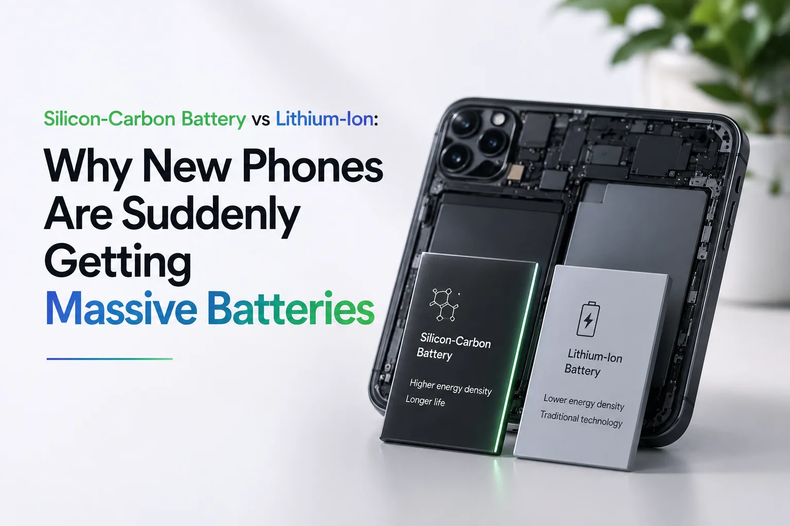 Silicon-carbon battery vs lithium-ion battery comparison diagram showing energy density difference in smartphones 2026