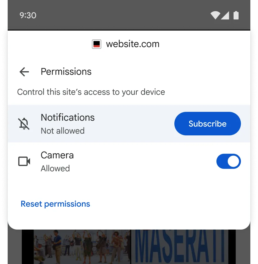 Chrome Site Controls notification subscription option on Android