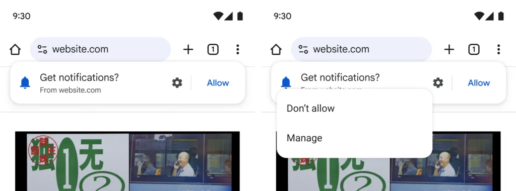 Chrome 155 lighter notification permission interface on Android