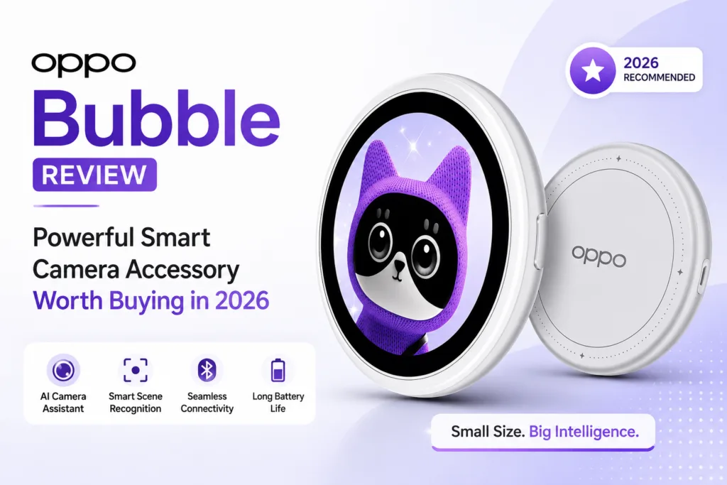 OPPO Bubble smart camera accessory with AMOLED display attached to smartphone