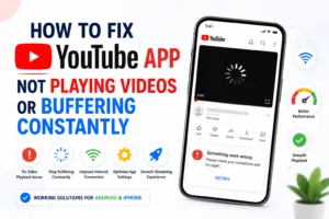 YouTube app buffering on a smartphone with troubleshooting steps