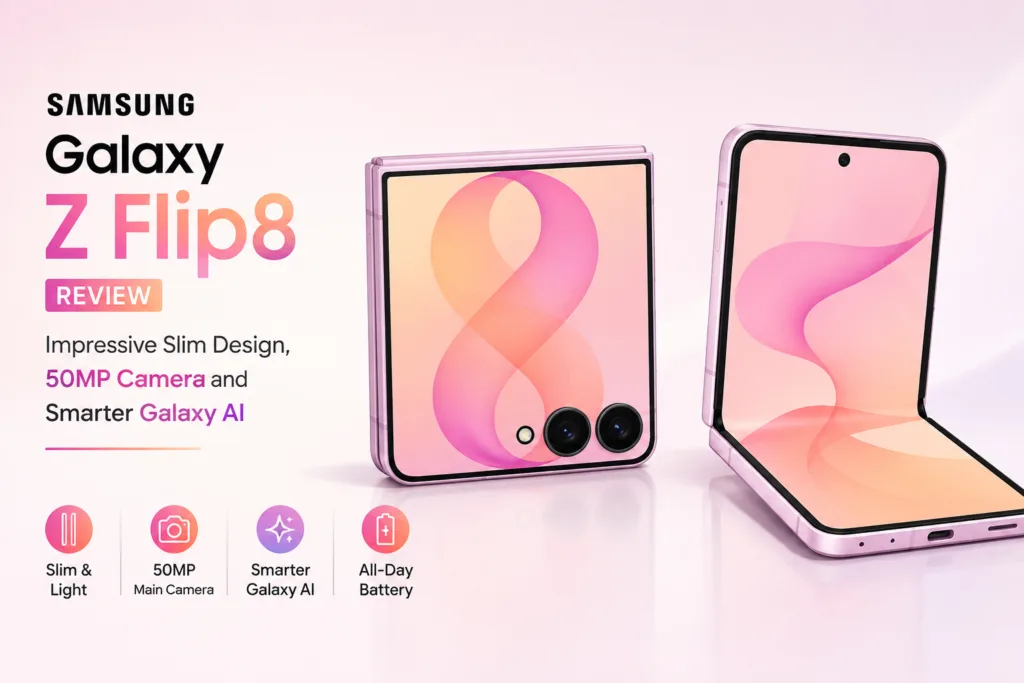 Samsung Galaxy Z Flip8 official design with FlexWindow and compact foldable body