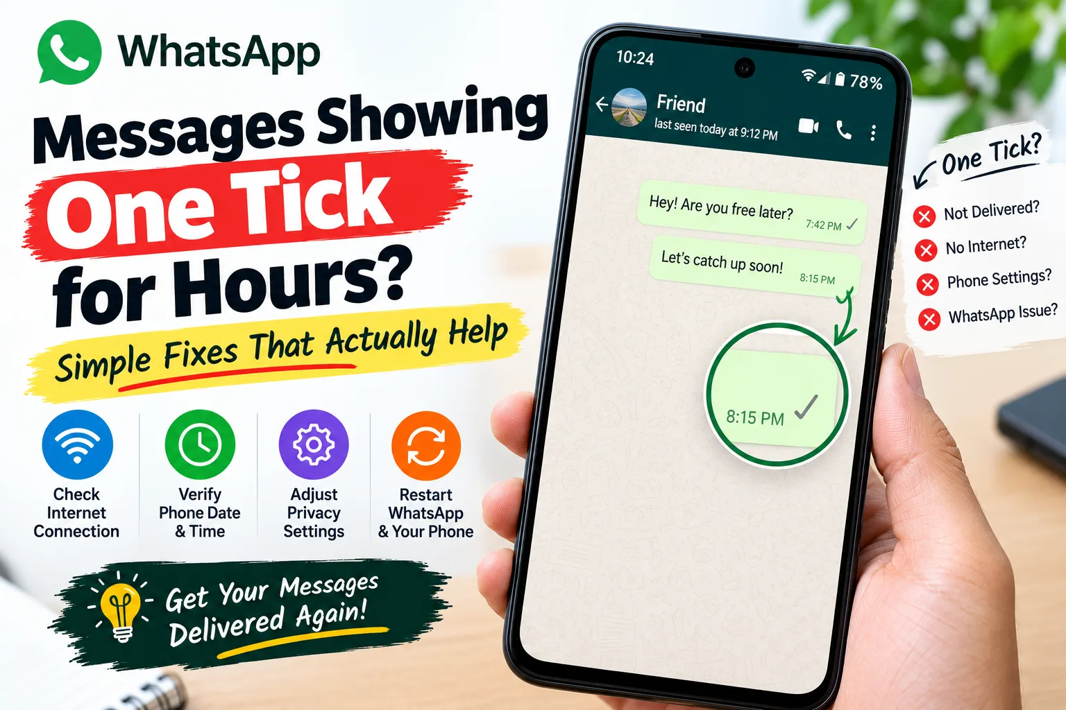 whatsapp messages showing one tick for hours